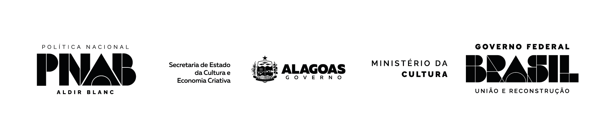 Logo na horizontal com as marcas dos incentivadores do projeto: Política Nacional Aldir Blanc, Secretaria de Estado da Cultura e Economia Criativa de Alagoas, Ministério da Cultura e Governo Federal do Brasil